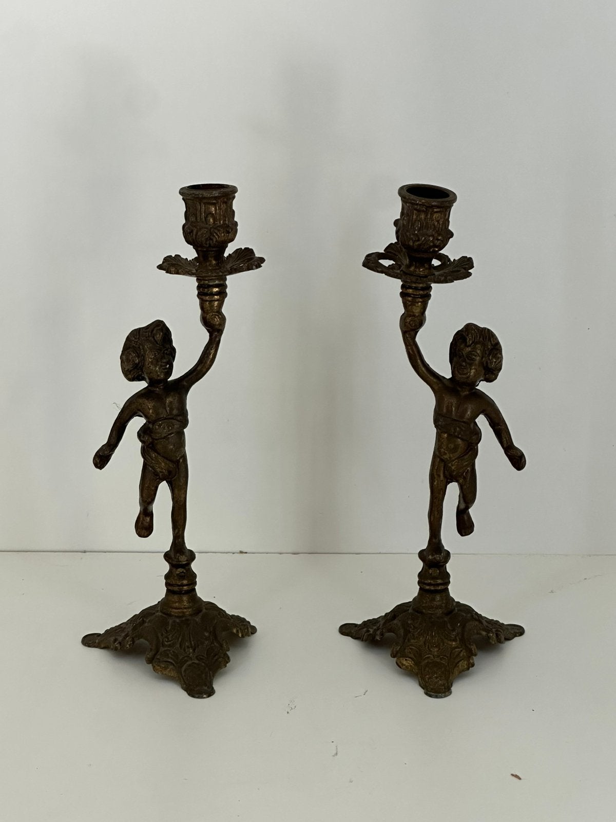 Set van 2 Vintage Messing Engelen / Putti Kandelaars, Antiek en Kunst, Antiek | Kandelaars, Ophalen of Verzenden, Koper of Brons