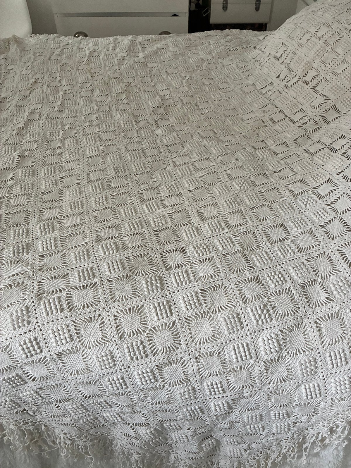 Ecru gehaakt sprei - 165x200 cm, Huis en Inrichting, Wit, Katoen, Tweepersoons, Ophalen of Verzenden