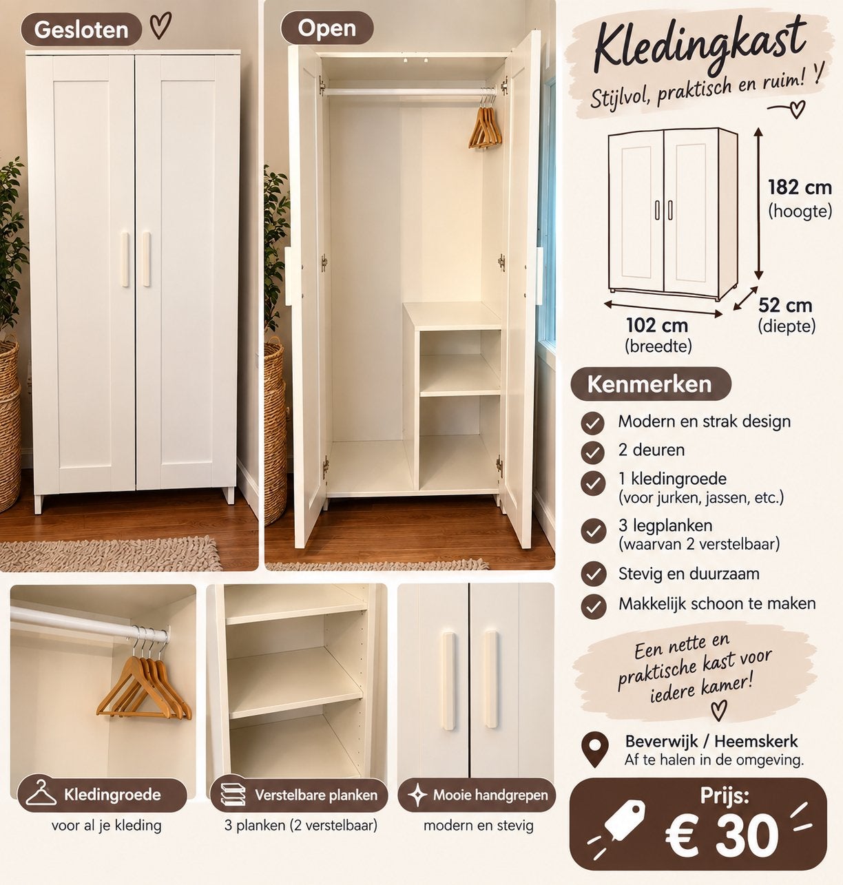 Witte kledingkast met hangruimte en planken, Ophalen, Gebruikt, 100 tot 150 cm, 150 tot 200 cm