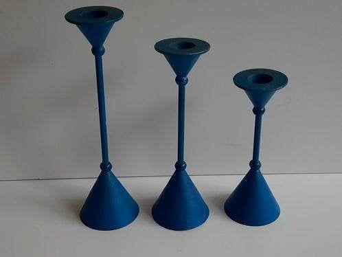 Diabolo kandelaars , Memphis Milano , blauw. 3-delige set, Gebruikt, Blauw, Ophalen of Verzenden, Metaal