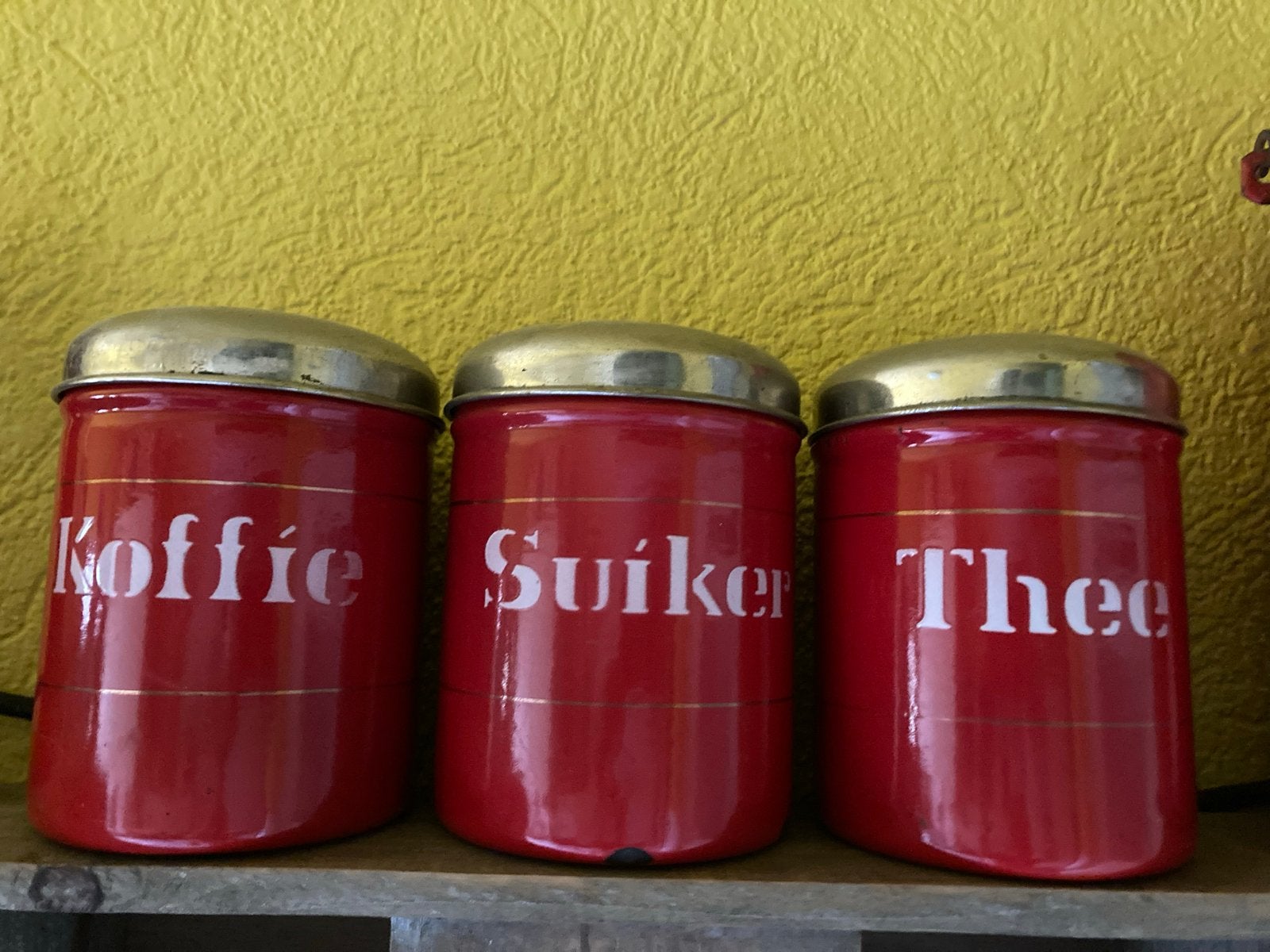 Vintage voorraadpotten: Koffie, Suiker, Thee (rood), Antiek en Kunst, Ophalen of Verzenden