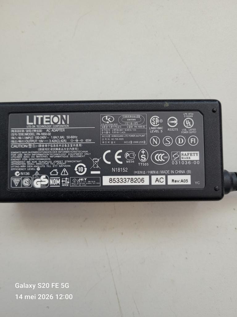 Liteon AC Adapter 19V 3.42A 65W Laptop Oplader, Computers en Software, Ophalen of Verzenden, Gebruikt, Liteon