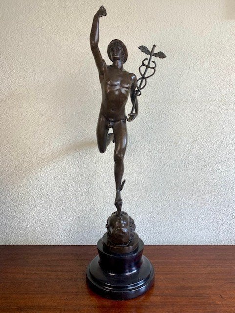 Bronzen beeld Mercurius Hermes naar Giambologna  gesigneerd, Ophalen of Verzenden, Brons, 20 - 50 cm, Beeld