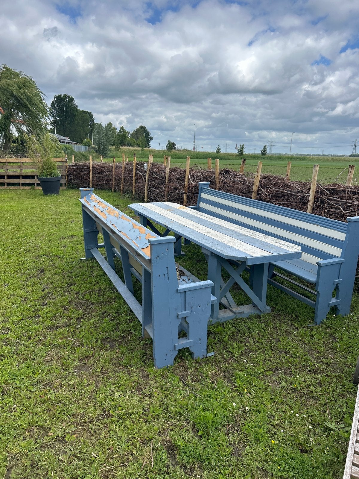 Robuuste houten picknicktafel met banken - Blauw/Wit, Tuin en Terras, Ophalen, Gebruikt, Rechthoekig, Hout