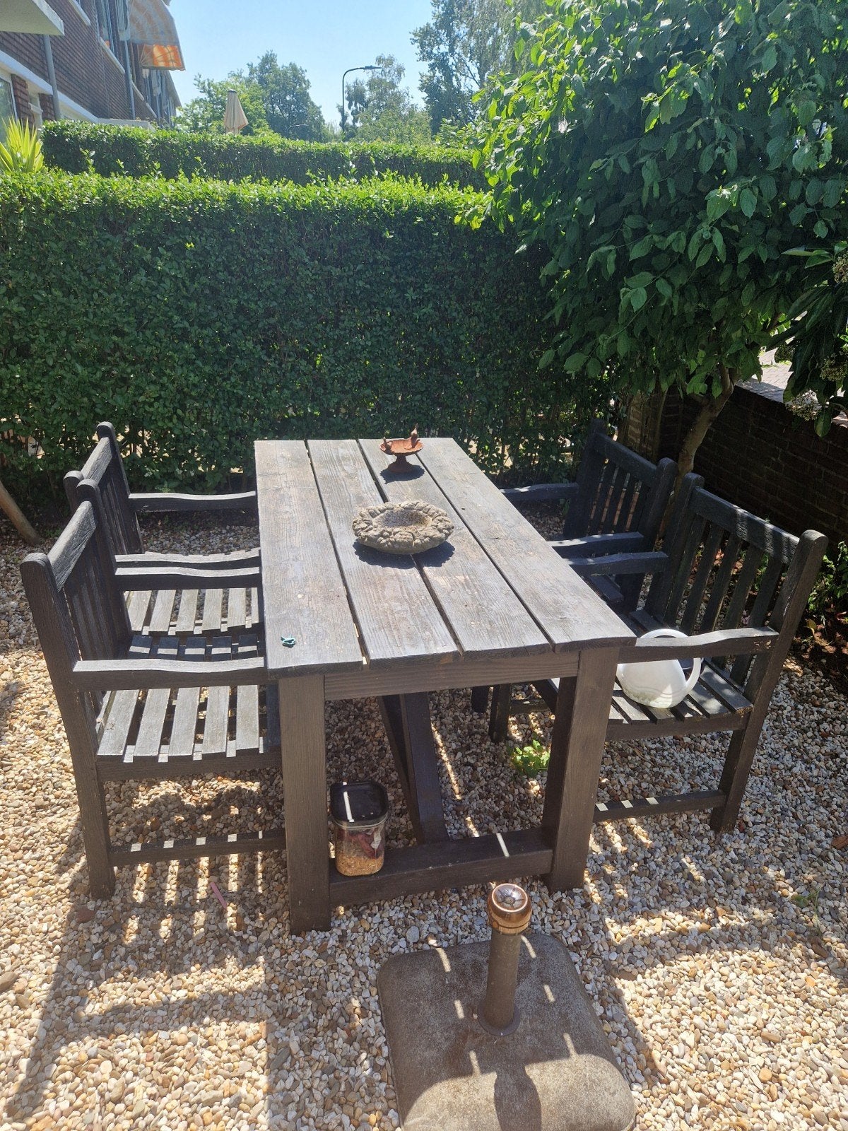Robuuste houten tuinset met 4 stoelen, Ophalen, 4 zitplaatsen, Gebruikt, Tuinset
