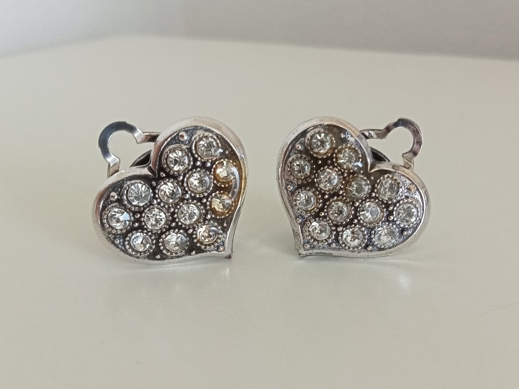 Vintage verzilverde Art Deco hart strass oorbellen P. Bex, Sieraden, Tassen en Uiterlijk, Oorbellen, Overige materialen, Gebruikt