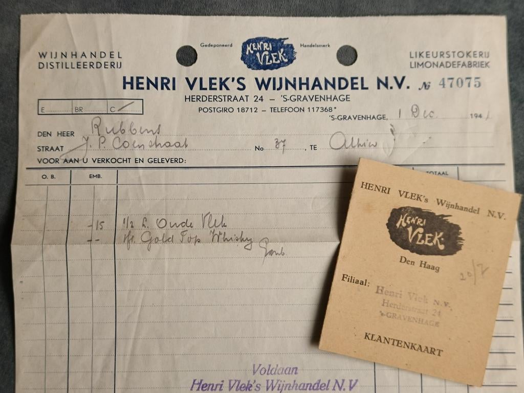 1941, NOTA HENRI VLEK'S WIJNHANDEL N.V, DEN HAAG., Ophalen of Verzenden, Gebruikt, Overige typen