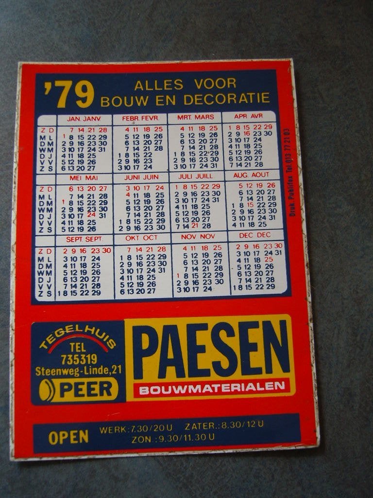 sticker kalender 1979 paesen bouwmaterialen peer belgië, Verzamelen, Ophalen, Zo goed als nieuw
