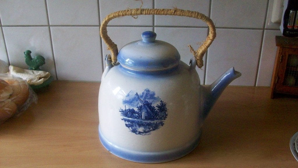 Vintage Delfts Blauw waterketel met Molen Decor, Antiek en Kunst, Ophalen of Verzenden