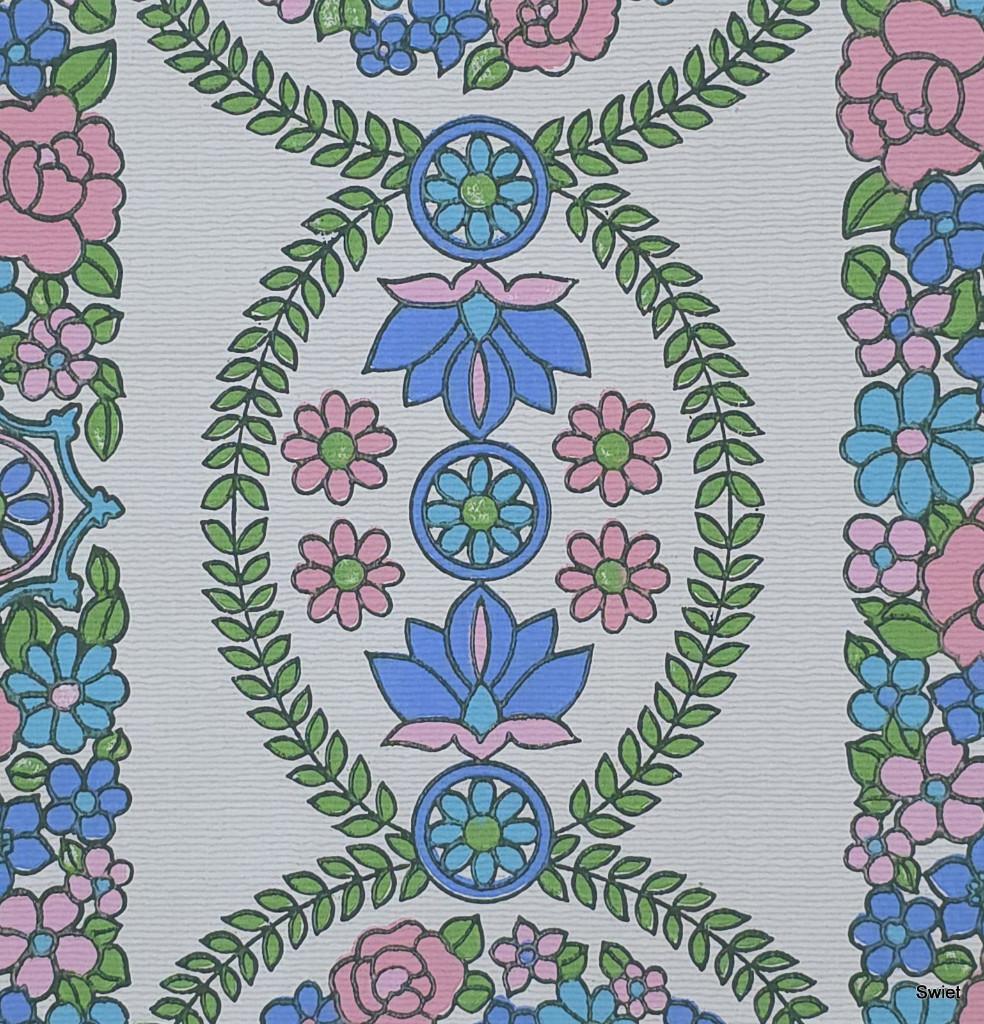 8189 vintage 70s bloemen behang blauw roze groen retro swiet, Ophalen of Verzenden, Minder dan 10 m², Wit