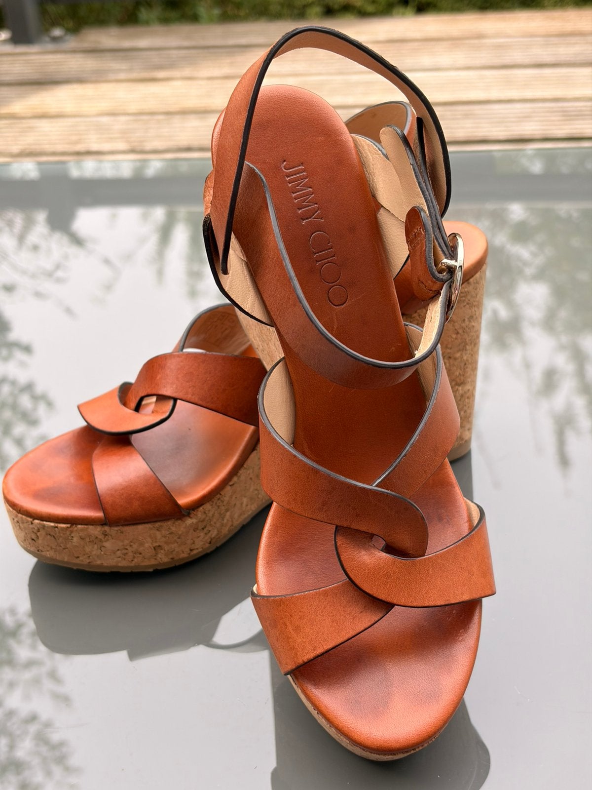Jimmy Choo Aleili 100 Brown Leather Cork Wedge Sandals, Bruin, Zo goed als nieuw, Sandalen of Muiltjes, Ophalen of Verzenden