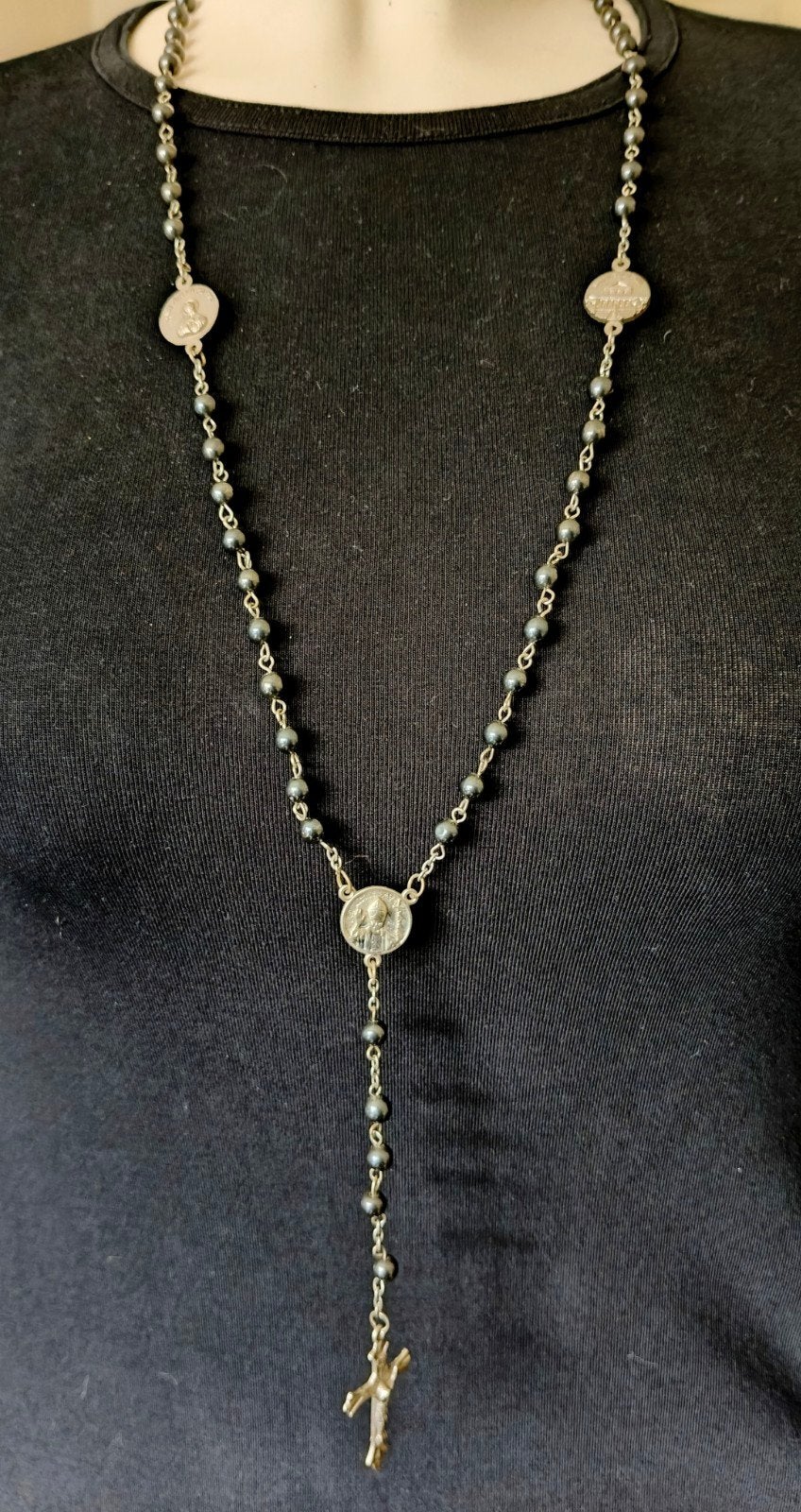 Rozenkrans ketting met kruis en medaillons, Verzenden, Zo goed als nieuw, Zilver, Overige materialen