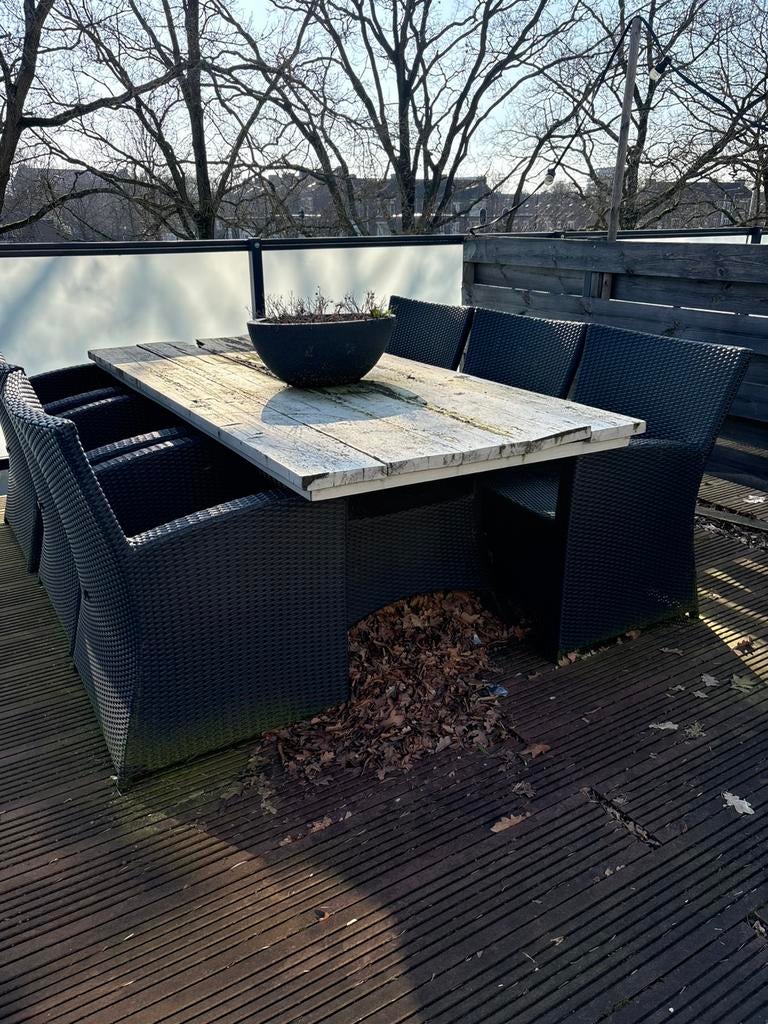 Tuintafel met stoelen en kussens, Ophalen, Kunststof, Gebruikt, 6 zitplaatsen