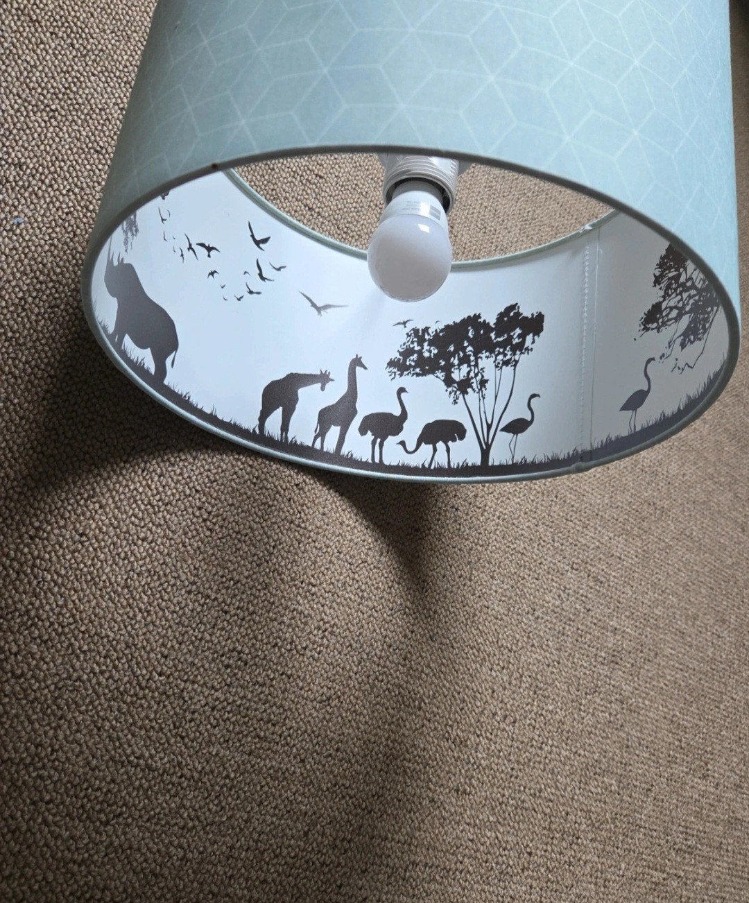 Kinderlamp met safari dieren, lichtblauw, Gebruikt, Textiel, Groen, E27 (groot)