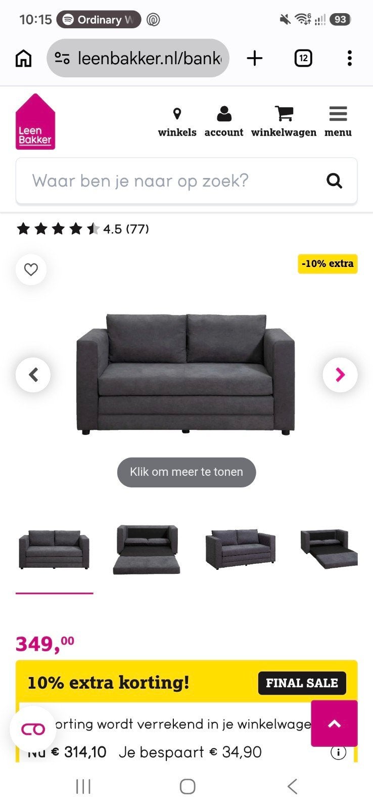 Slaapbank Sirena Leenbakker, Ophalen, Gebruikt, 140 cm, Twijfelaar