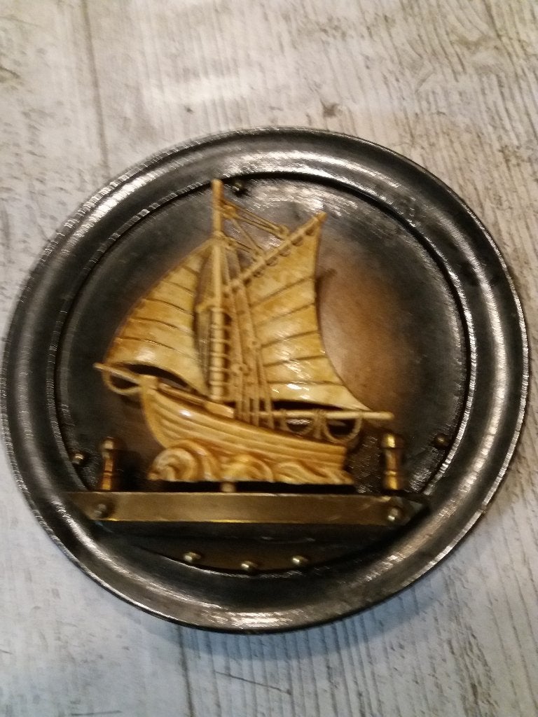 Vintage Houten wandbord met zeil boot schip, Ophalen, Gebruikt