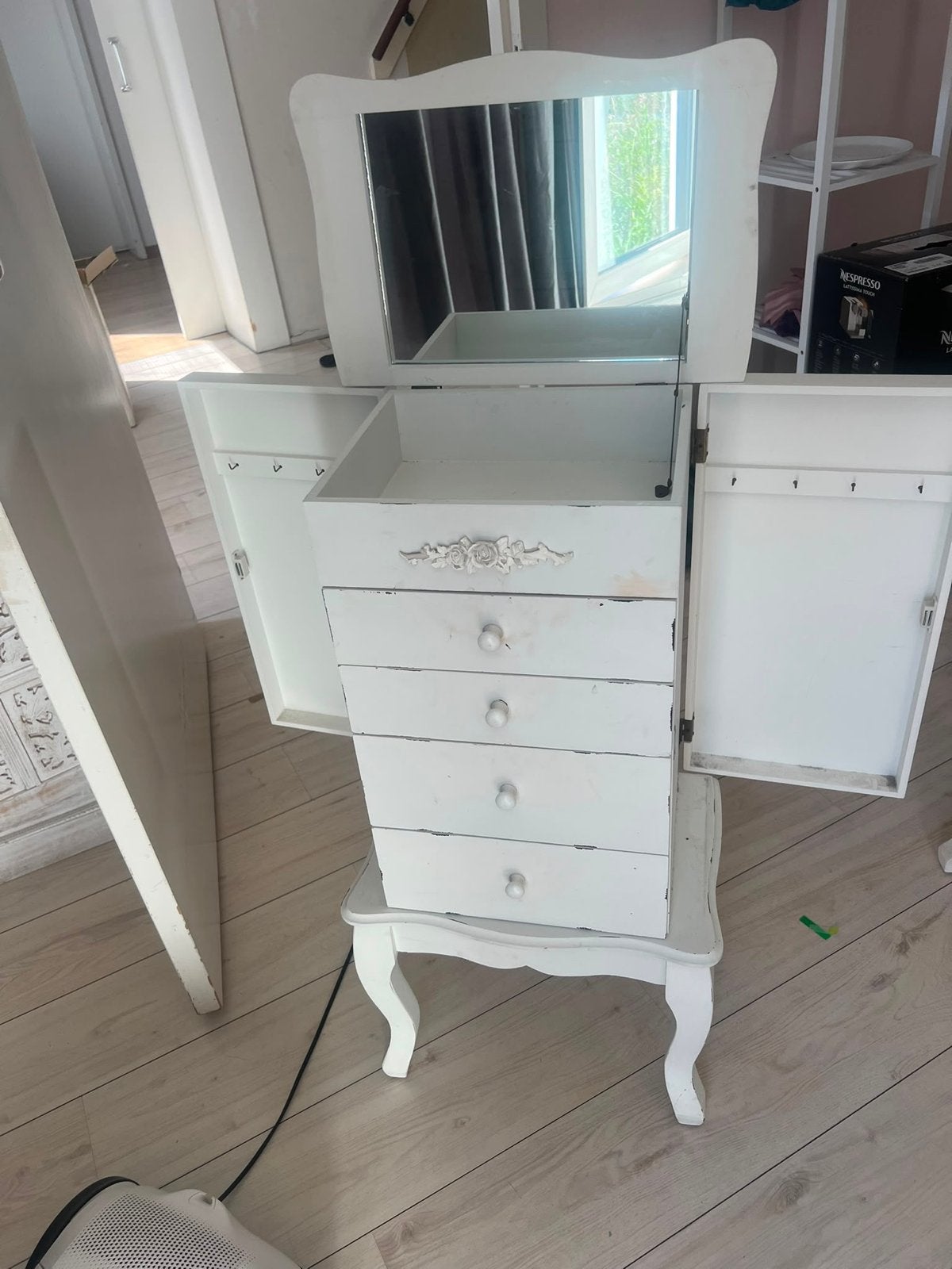 Vintage sieradenkastje met spiegel en lades, Gebruikt, Wit, Ophalen of Verzenden, Met spiegeltje(s)