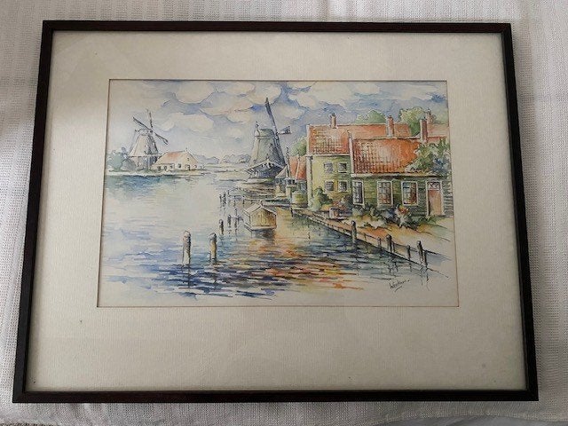 Schilderij Zaanse Schans met molens en water, 72x52 cm, Realistisch, Ophalen of Verzenden, Aquarel, Ingelijst