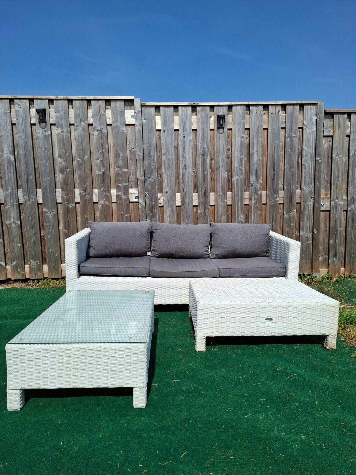 Witte Wicker Loungeset met Salontafel, Tuin en Terras, Tuinsets en Loungesets, Ophalen, Gebruikt, Bank, 3 zitplaatsen