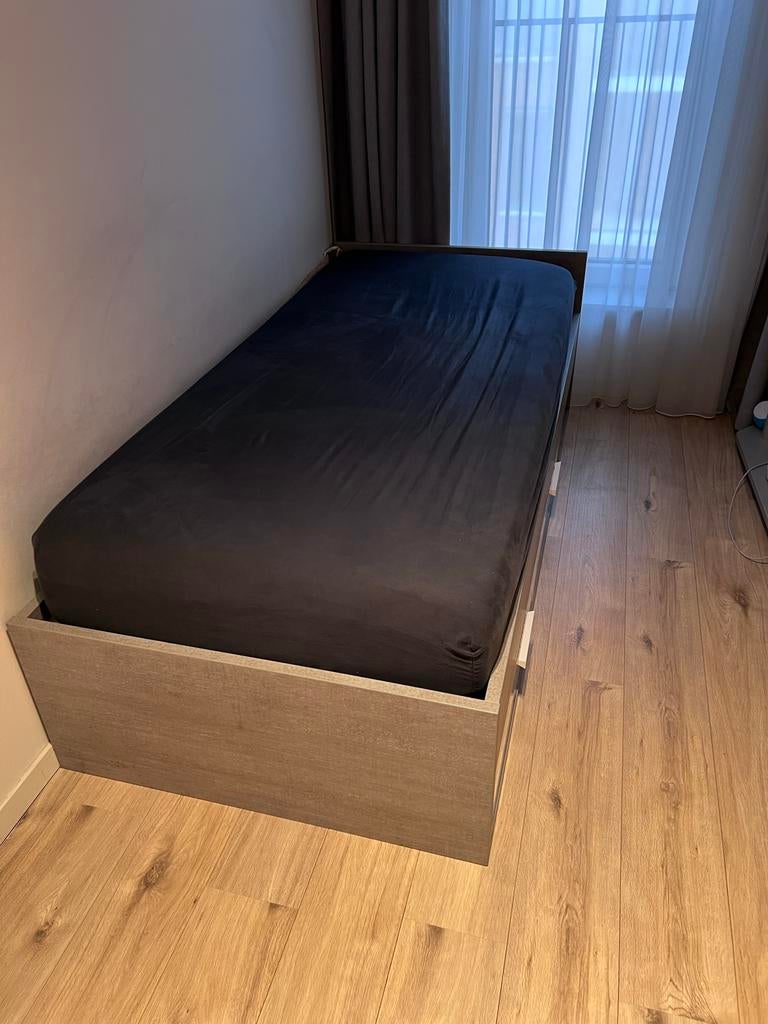 Complete eenpersoonsbed (90x200) met lades en Emma matras, Ophalen, Gebruikt, 90 cm, Eenpersoons