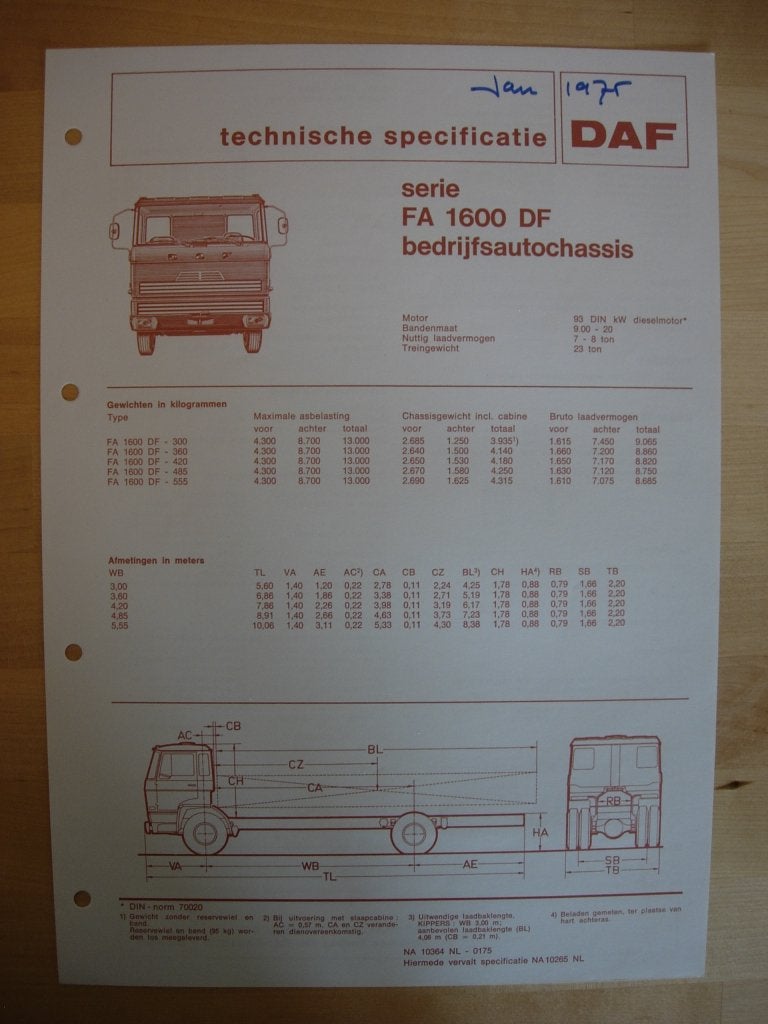DAF FA 1600 DF Technische Specificatie folder 1975 – 4x2, Ophalen of Verzenden, Zo goed als nieuw, Overige merken, DAF