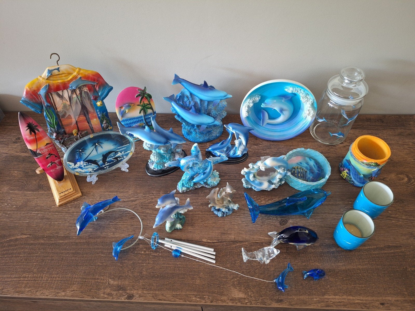 Dolfijn decoratie set - Beeldjes, fotolijst, windgong, potje, Gebruikt, Overige stijlen, Ophalen of Verzenden, Blauw