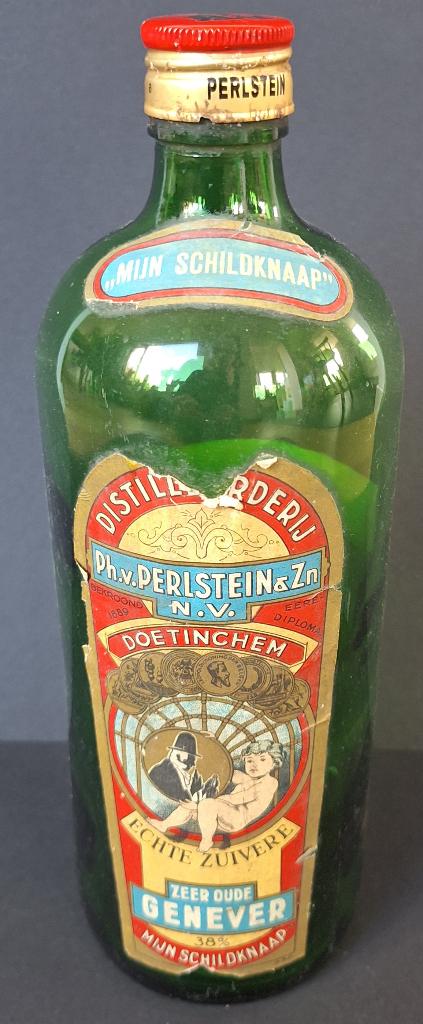 Oude jenever fles met oude etiketten - Mijn Schildknaap, Antiek en Kunst, Ophalen of Verzenden