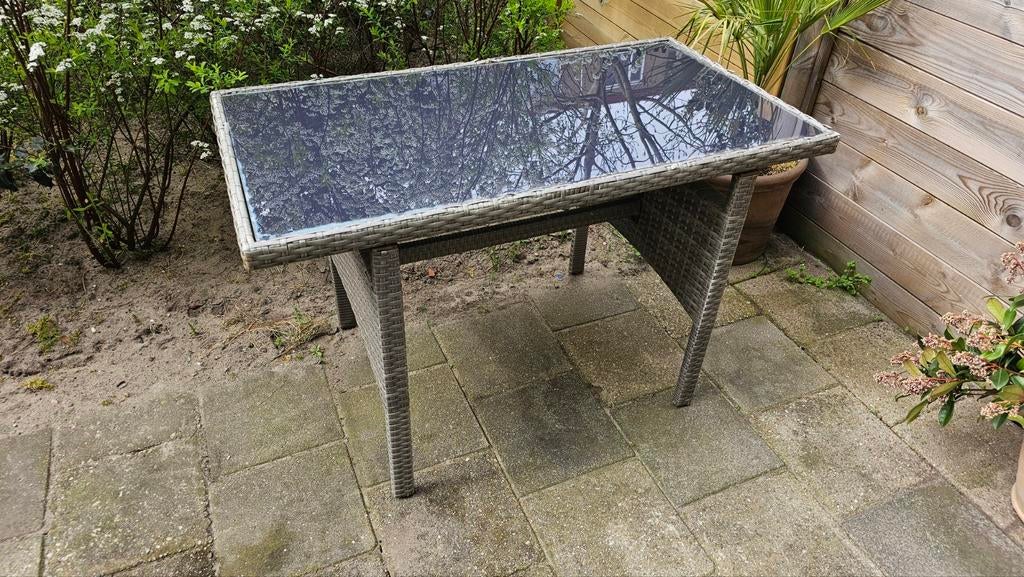 Wicker tuintafel met glazen blad, Ophalen, Gebruikt, Rechthoekig, Wicker