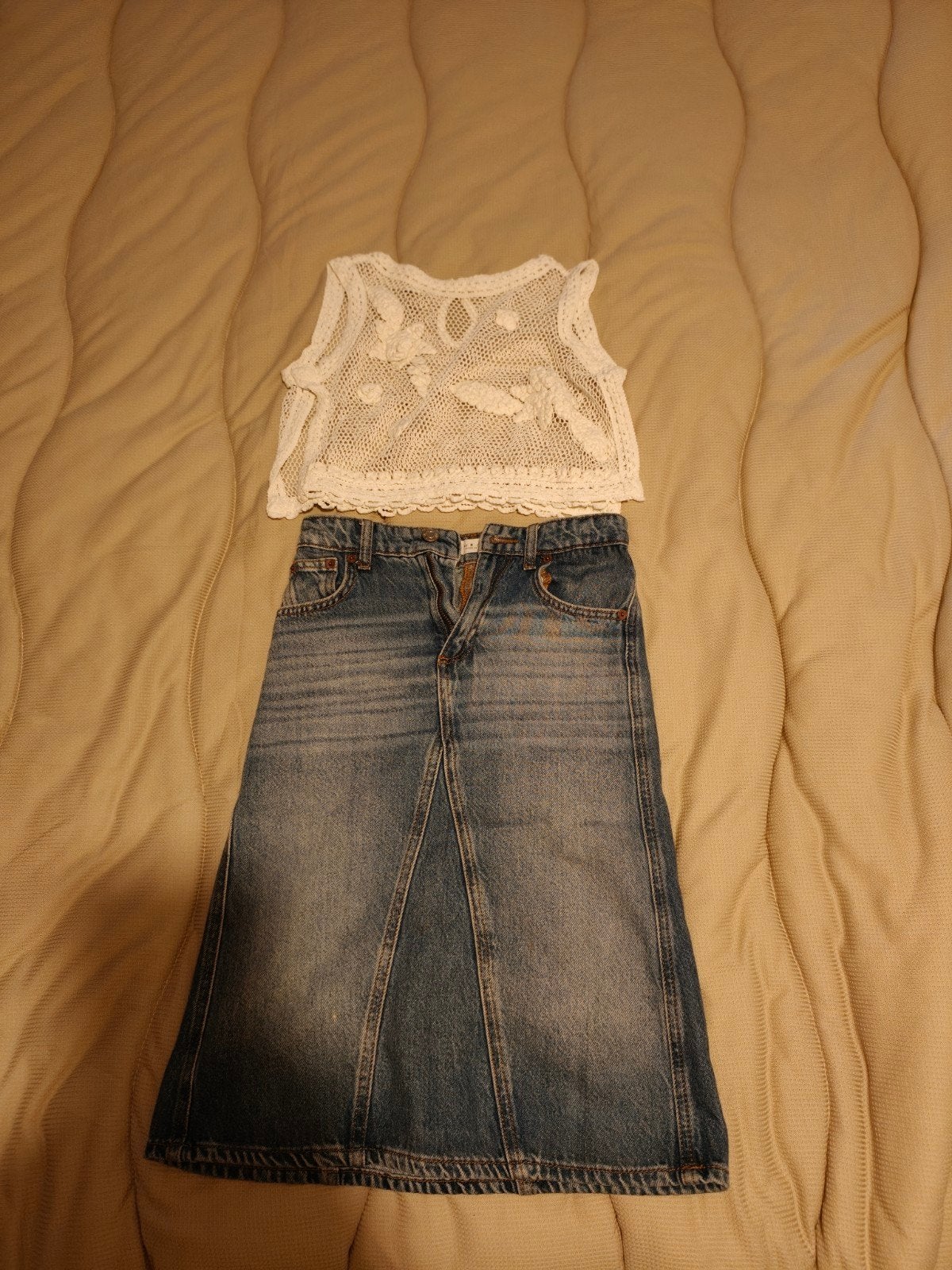 Witte gehaakte top en denim rok, Kleding | Dames, Rokken, Wit, Ophalen of Verzenden, Onbekend, Knielengte