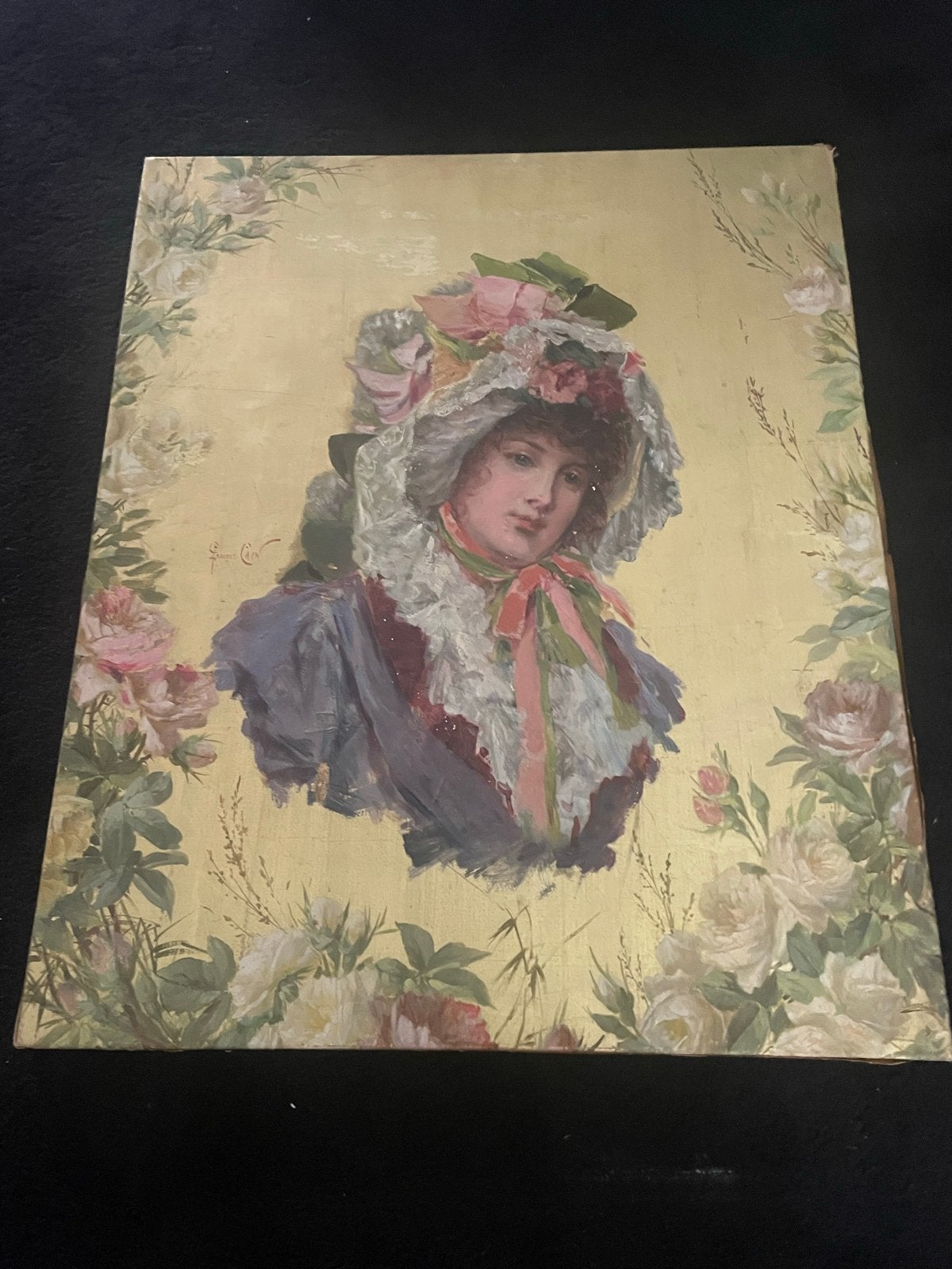 Antiek bladgoud schilderij, portret van dame, Portret of Personen, Overige ondergronden, Ophalen of Verzenden, Olieverf