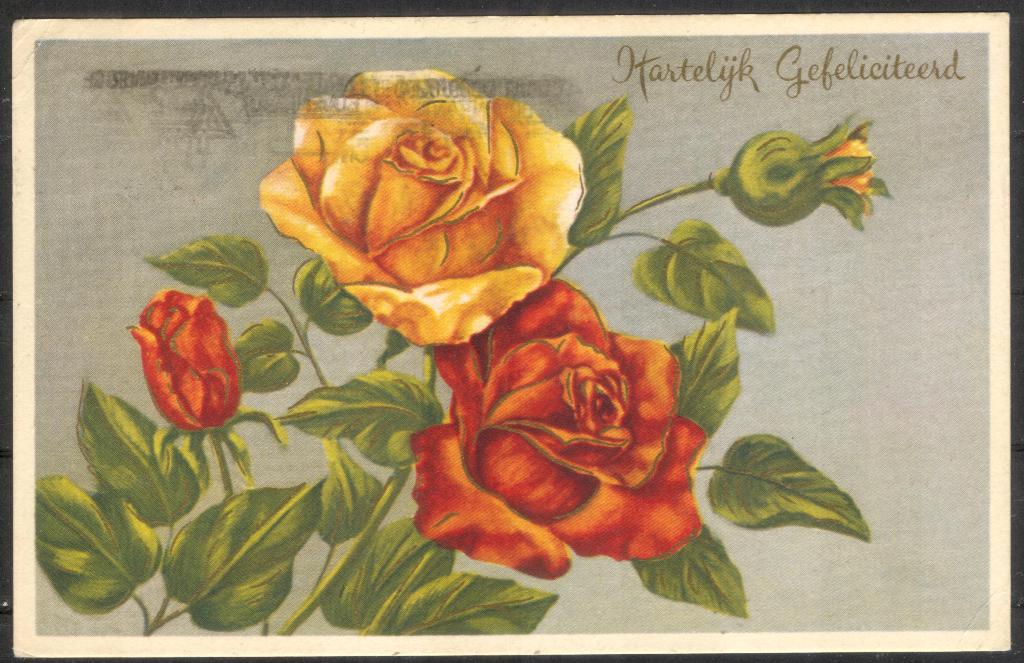 Verjaardagskaart (3) - rozen - nederlandstalig, 1959, Verzenden, 1940 tot 1960, Gelopen, Feest(dag)