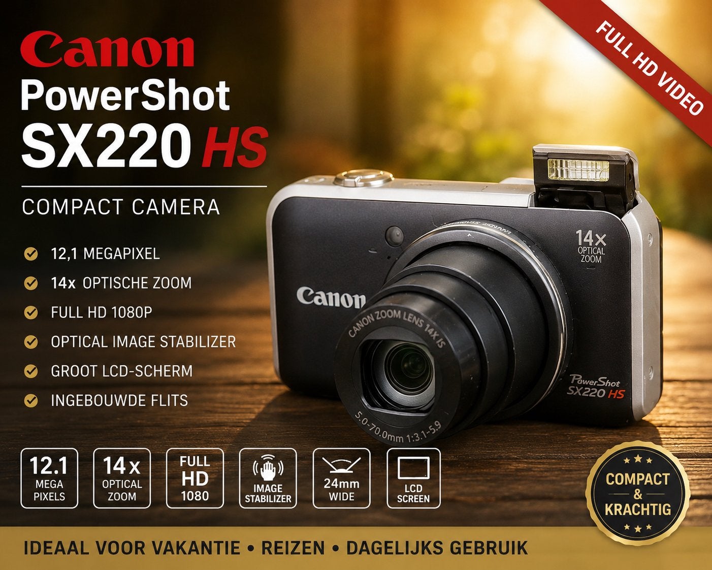 Canon PowerShot SX220 HS – 12,1 MP 14x optische zoom Full HD, Beeldstabilisatie, Gebruikt, Canon, 12 megapixels