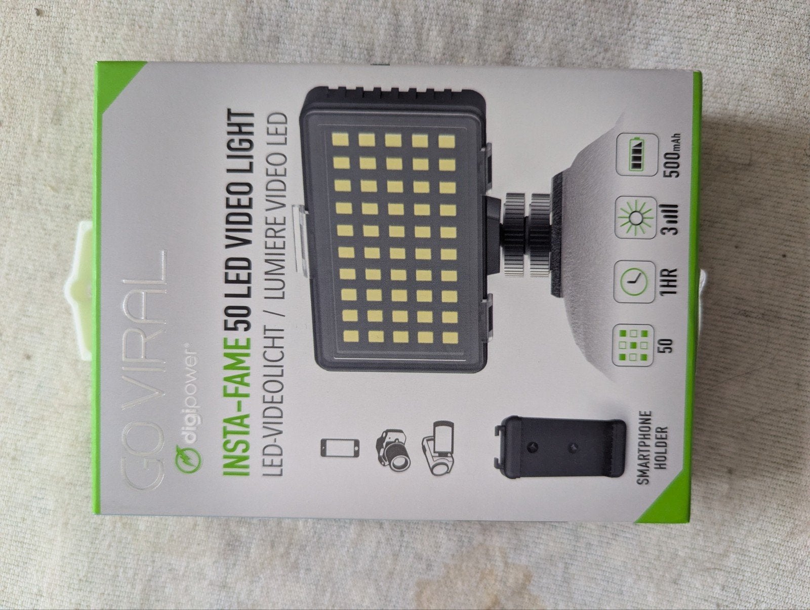 DigiPower Insta-Fame 50 LED Videolicht met smartphonehouder, Overige merken, Canon, Nieuw, LED-lamp