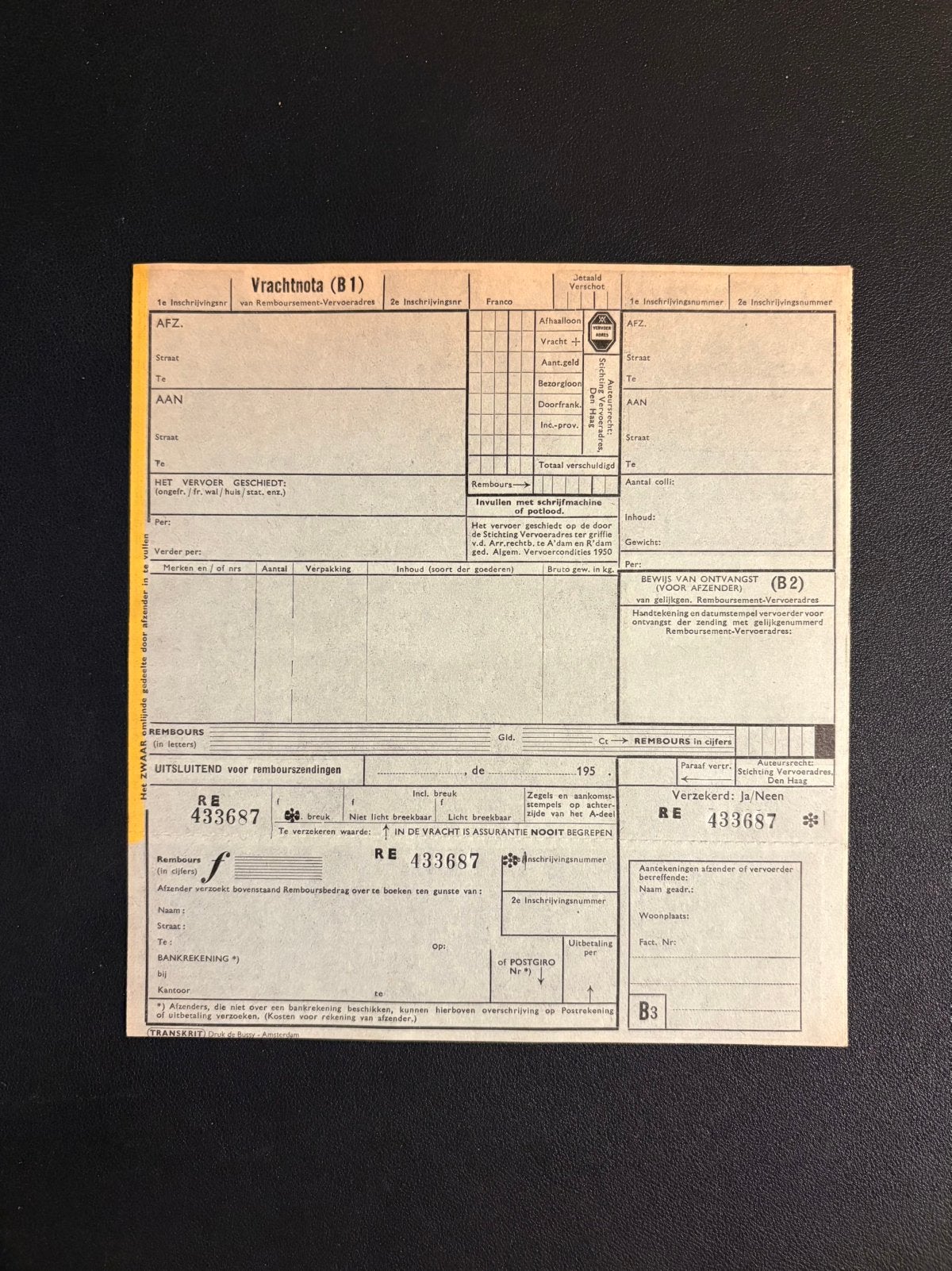 Blanco vrachtnota (jaren 50), Ophalen of Verzenden, Zo goed als nieuw, Trein