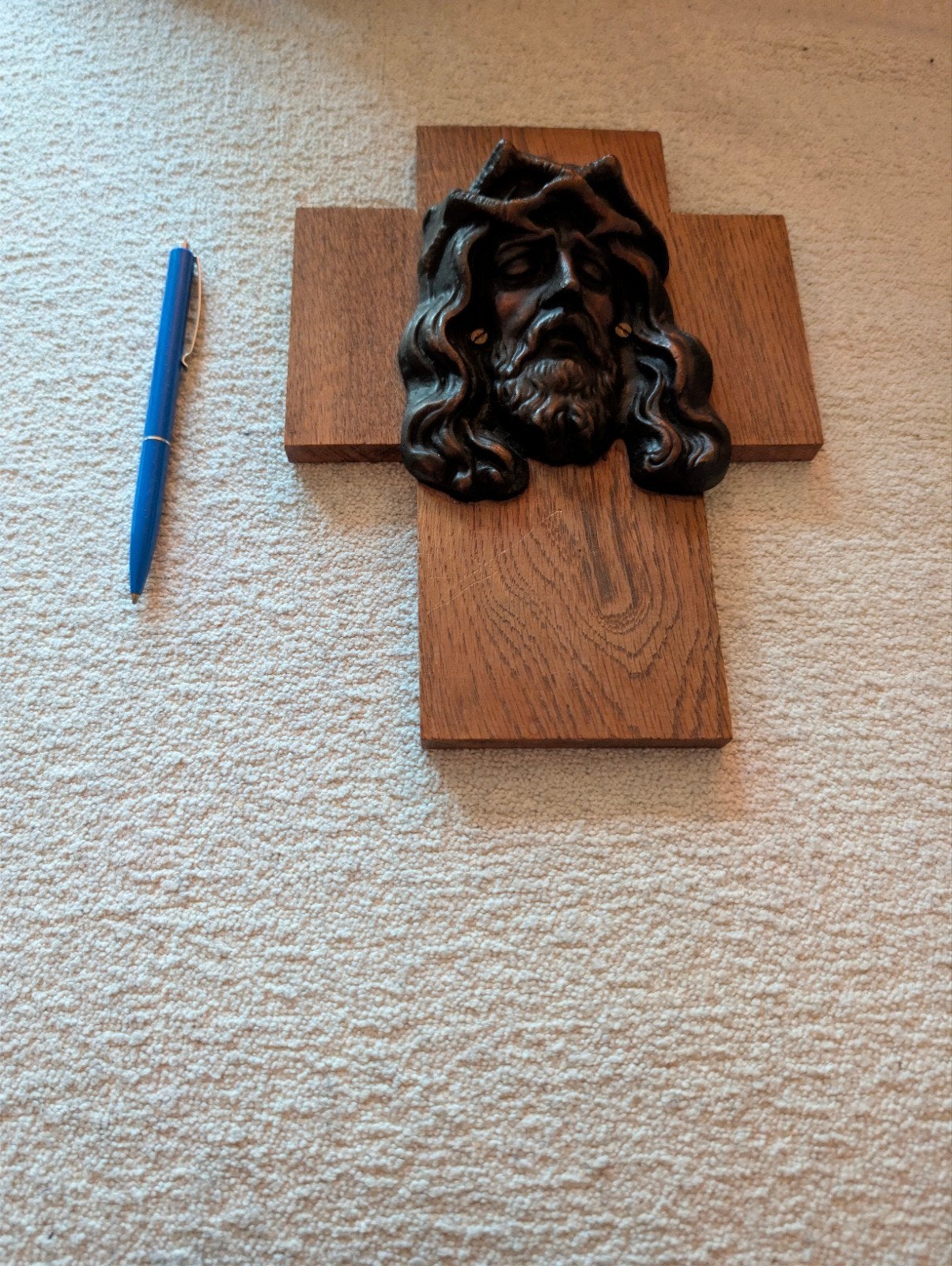 Vintage Jezus Christus Hoofd op Houten Kruis, Antiek en Kunst, Ophalen of Verzenden