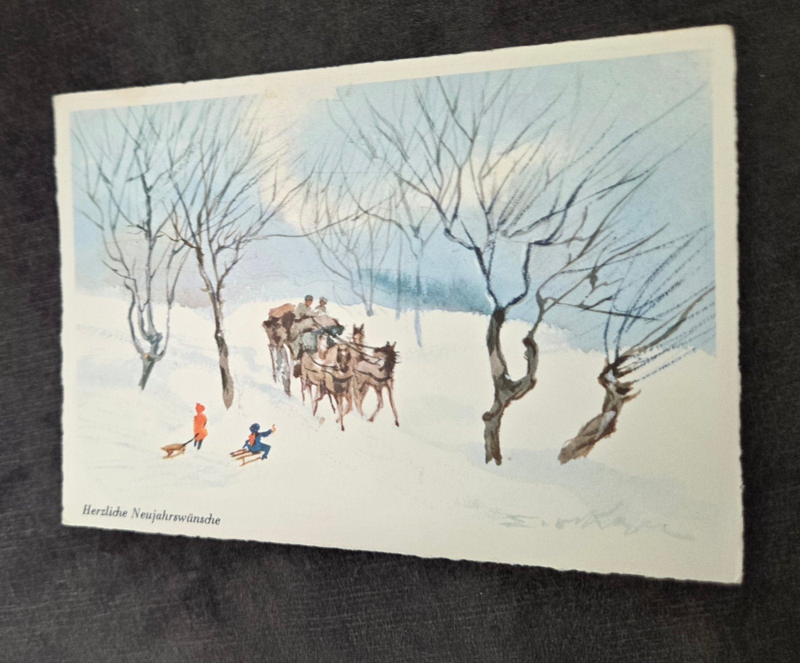 Oude kerstkaart 'Herzliche Neujahrswünsche' - Wintertafereel, Verzenden, 1960 tot 1980, Gelopen, Feest(dag)