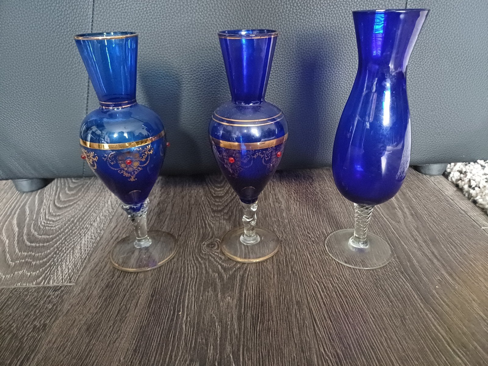 Set van 3 Kobaltblauwe Glazen Vazen met Gouden Decoratie, Ophalen of Verzenden
