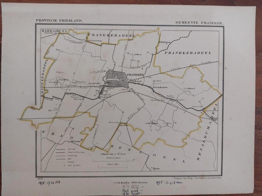 7 / Gemeente Franeker Litho J. Kuyper uit 1866, Ophalen of Verzenden