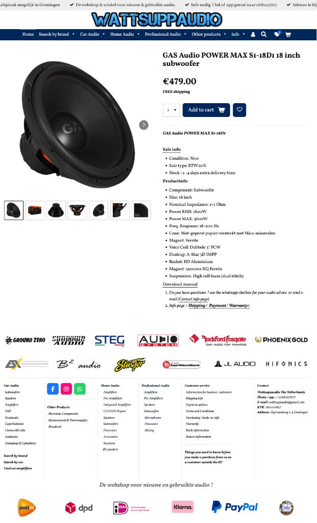 GAS Audio POWER MAX S1-18D1 18 inch subwoofer 1800WRMS, Info@optimount.nl, Nieuw, Ophalen of Verzenden, Anholtseweg 48A 7091 HB DINXPERLO