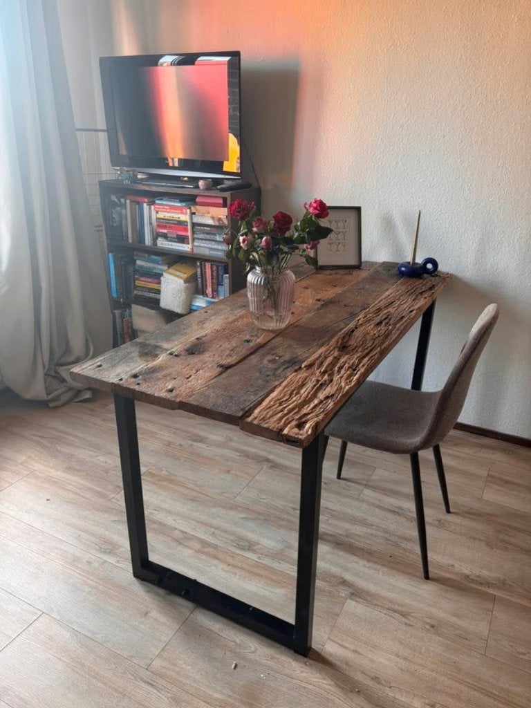 Industriële handgemaakte houten tafel/bureau, Huis en Inrichting, Tafels | Eettafels, Ophalen, Gebruikt, 200 cm of meer, Teakhout