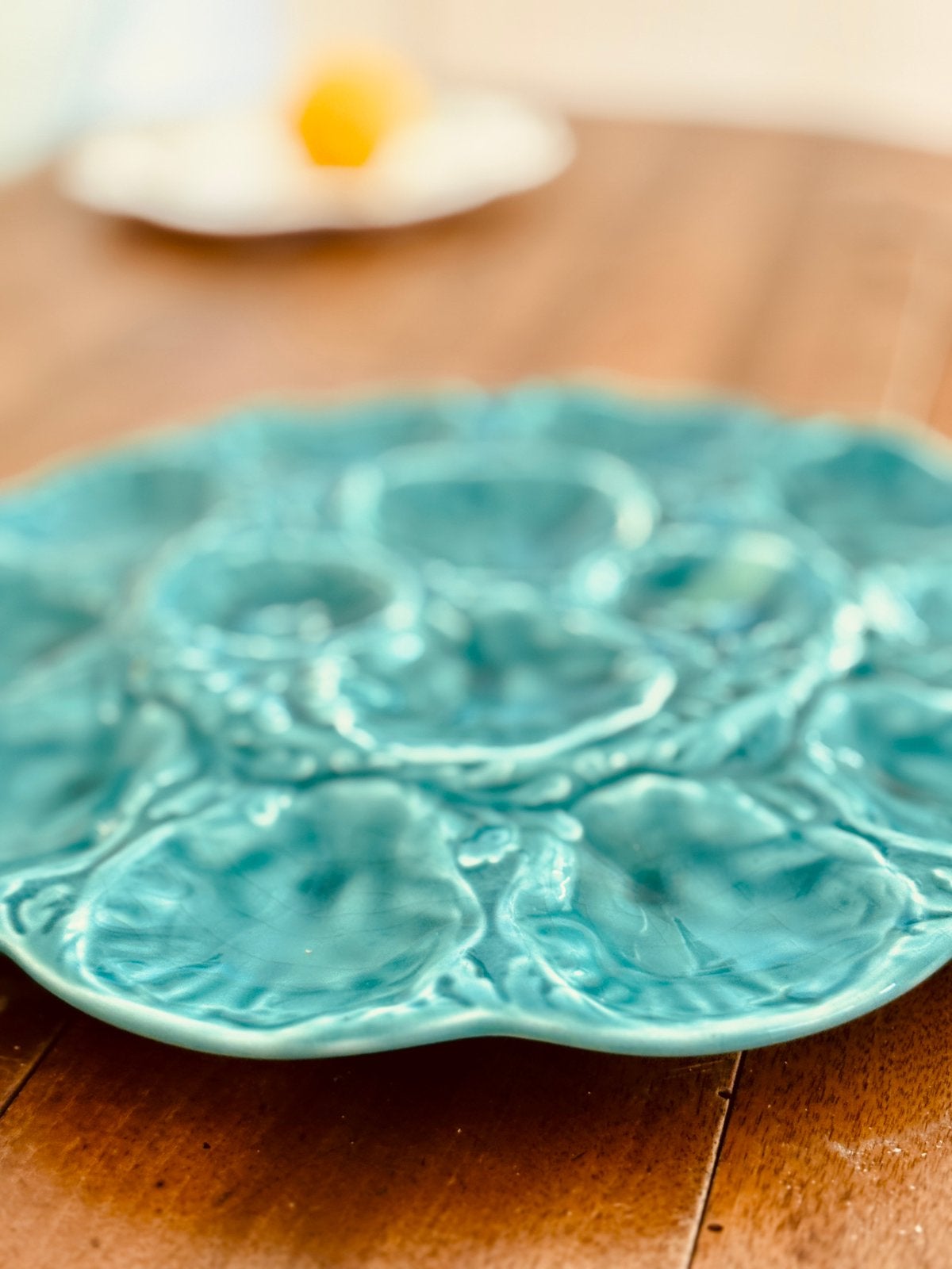 Vintage Oesterbord Gien France turquoise majolica ~21cm, Antiek en Kunst, Ophalen of Verzenden