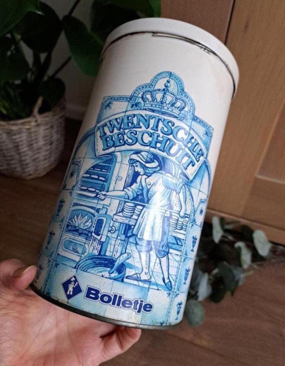 Vintage beschuitbus Twentsche beschuit Bolletje hoogte 21 cm, Ophalen of Verzenden, Gebruikt, Beschuit, Bolletje