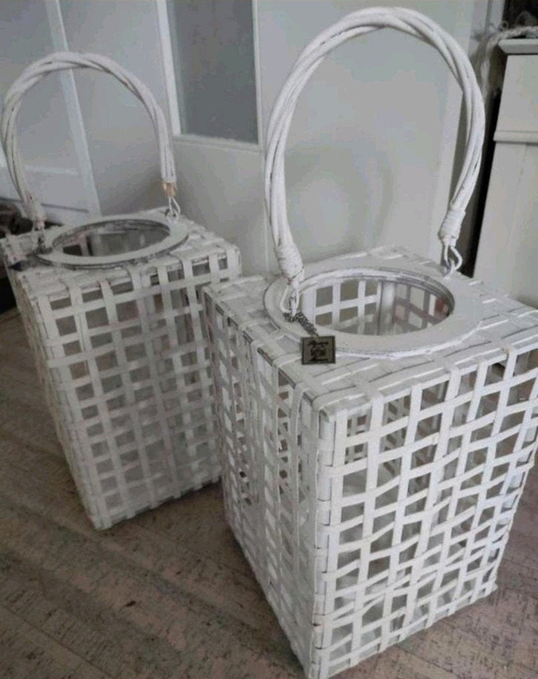 2 Rivièra Maison witte, vierkante, rieten lantaarn Lombok, Ophalen of Verzenden