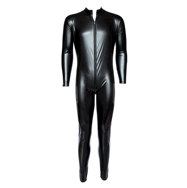 Zwarte metallic heren catsuit wetlook bodysuit sexy glimmend, Verzenden, Nieuw, Overige maten, Kleding