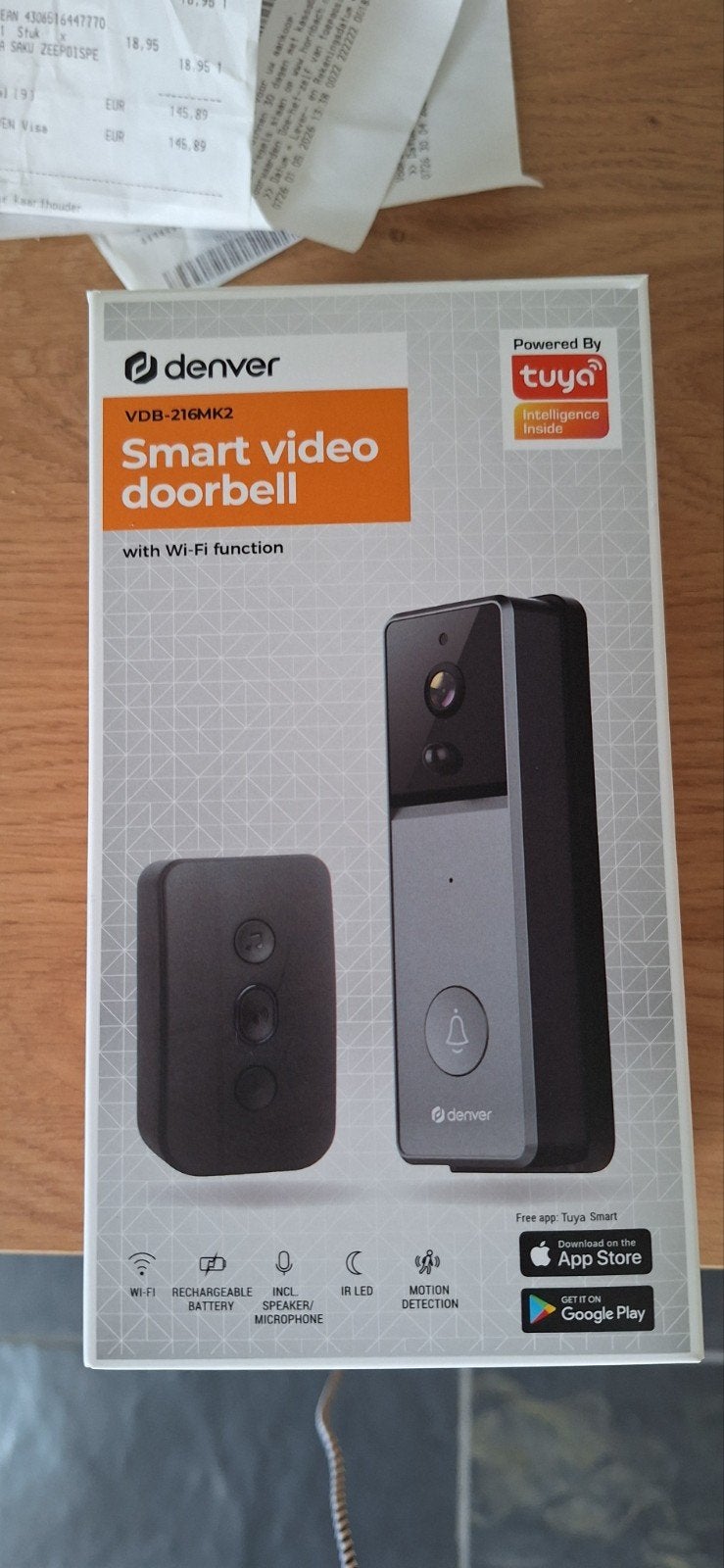 Denver VDB-216MK2 Smart Video Deurbel met Wi-Fi en Tuya, Ophalen, Beweging, Nieuw, Compleet systeem