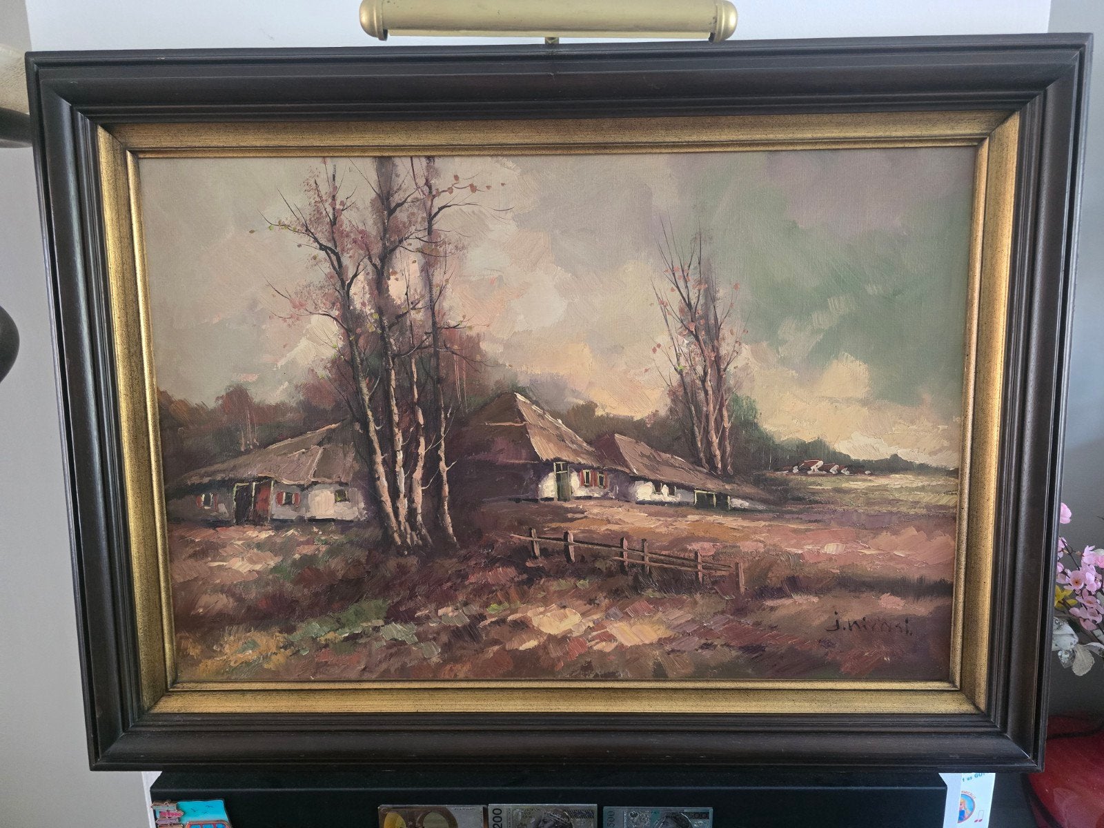 Schilderij J. Mirasi - Landschap met boerderijen, Antiek en Kunst, Ophalen of Verzenden