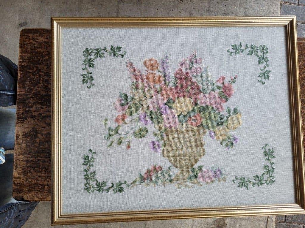 Gebroduurd Schilderij vaas met bloemen 55X45, Ophalen of Verzenden