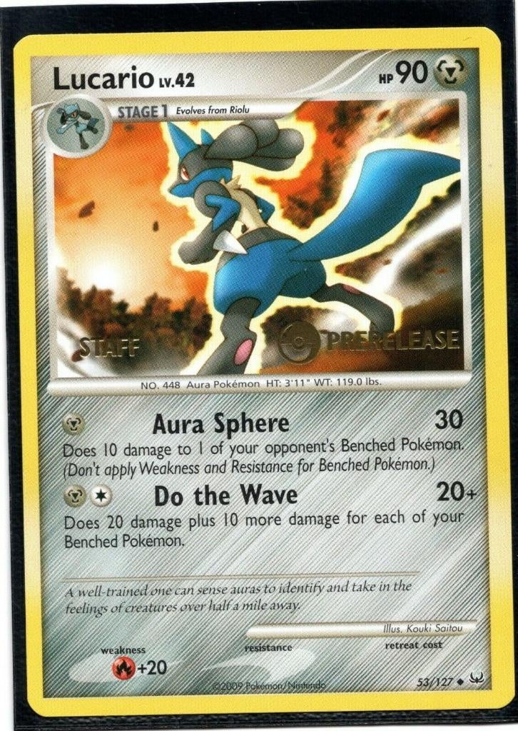 Pokemon platinum prerelease promo lucario staff, Ophalen of Verzenden, Zo goed als nieuw, Losse kaart