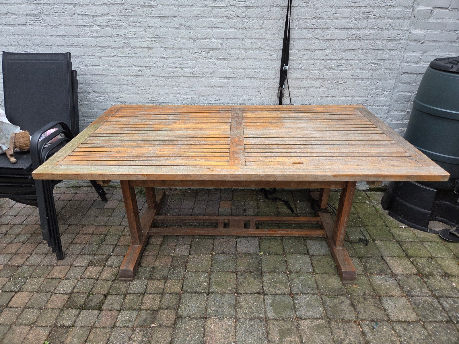 Houten tuintafel met twee halfronde verlengstukken, Ophalen, Gebruikt, Rechthoekig, Hout
