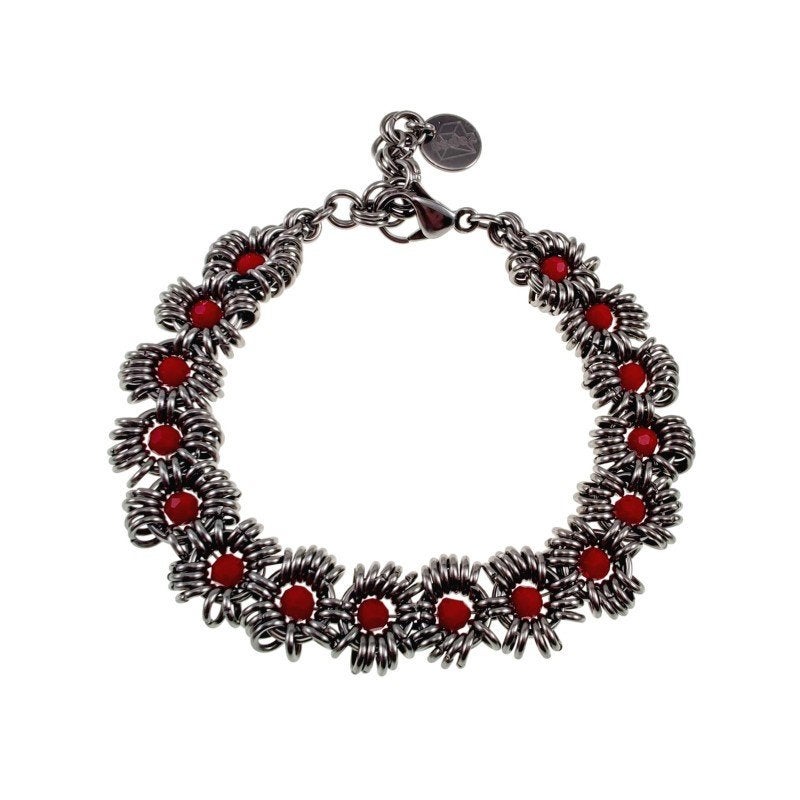 Dames RVS Unieke Armband + Rode Kristallen Handgemaakt, Met kristal, Staal, Birgitta-Gracht 33, 6465 EL Kerkrade, Nederland, Verzenden